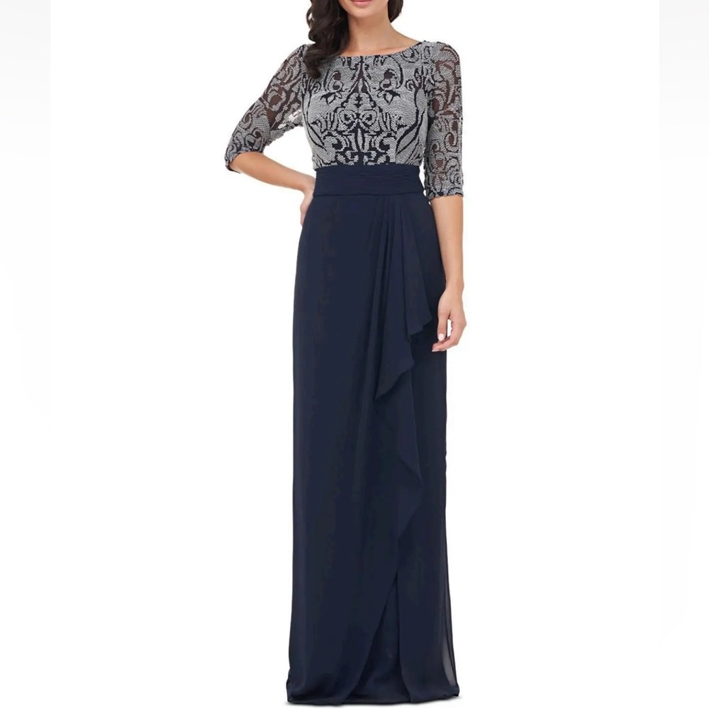 JS Collection Navy Blue Embellished-Bodice Pleated-Waist Formal Gown NWT Reemoly